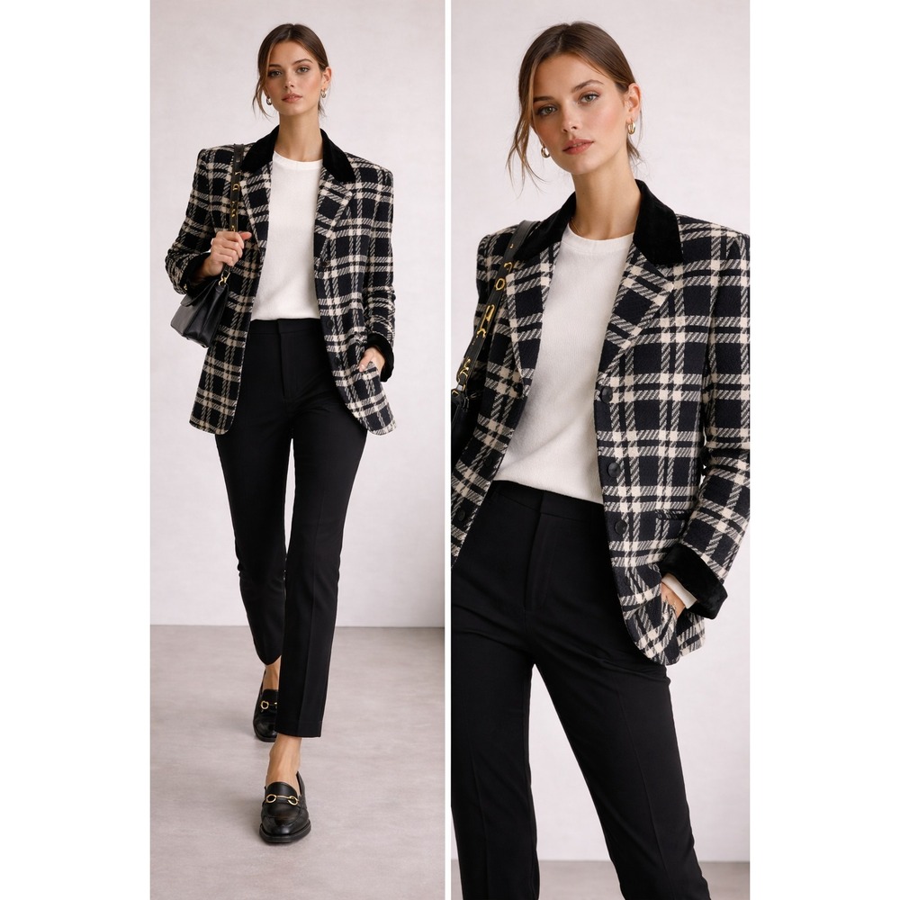 Vintage Charter Club Plaid Wool Blazer Size 4 Black White Velvet Collar